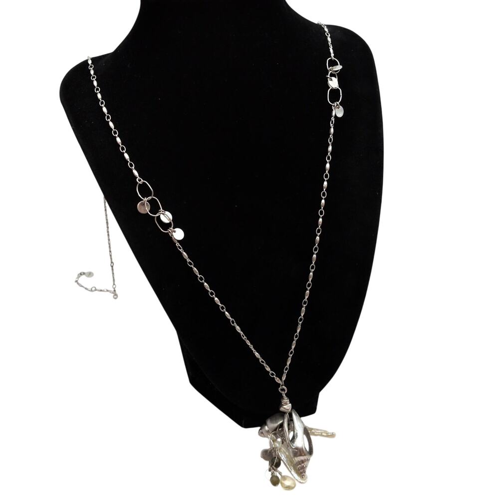 Stella and Dot Freshwater Pearl Seashell Charm Long Silver Tone Kala Necklace